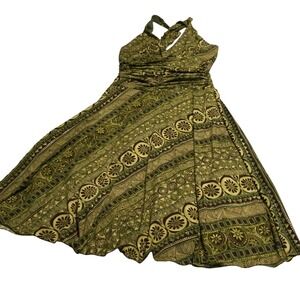 Speechless Ruched Halter Maxi Dress Green Brown Geometric Print Women Large